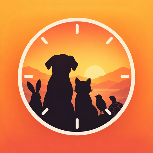 Pack Time app icon: pets in silhouette watching a sunset inside a clock face